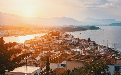 view of poros island, aegean, greece. 