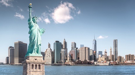 the statue of liberty, landmarks of new york city with manhattan building
background
