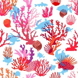 tropical ocean corals. seamless vector pattern with fishes, tortilllas and seaweed on white background. marine textile collection.