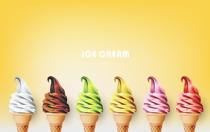 colorful ice cream in the cone, different fruit flavors, vector illustration