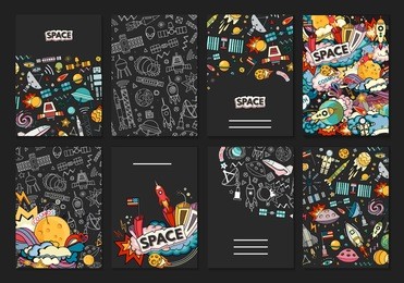cards  vector template illustration of space. moon, planet, rocket, earth, cosmonaut, comet, universe. classification, milky way. cosmos.

