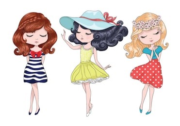 cute girls vector,girls illustration set,t-shirt print,book illustrations for children,love cards, wedding invitation,princess girl,young, beautiful, cute, sweet girl in a charming dress,cute child
