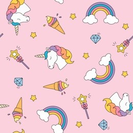 unicorn, rainbow and magic wand pastel colors seamless pattern