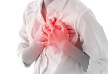 heart attack concept. woman suffering from chest pain, closeup