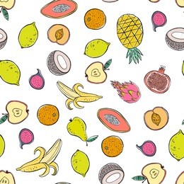 hand drawn seamless pattern with tropical and exotic  fruits isolated on white background in unique trendy organic style. vector illustration for menu design, packaging, textile, paper, background.