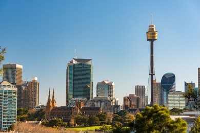 panoramic view on sydney cbd, central business district skyline with sydney tower and st mary cathedral. sydney, australia