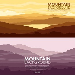 set of mountain landscapes. yellow and purple mountain ranges at sunset. vector illustration.