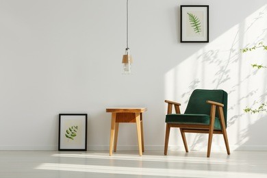 interior with green armchair, ceiling lamp, table and leaf posters