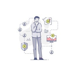 young caucasian man standing and thinking surrounded bit-coin symbols and icons. flat line bitcoin mining illustration for info graphics in blue tone isolated on white background