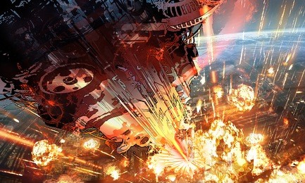 digital illustration of futuristic science fiction scene with huge spaceship spacecraft aiming firing attack to planet in space universe 