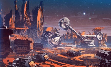 digital illustration of futuristic science fiction scene on mars with industrial drilling machine
