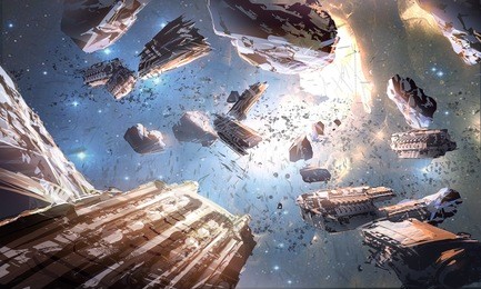 digital illustration of futuristic science fiction scene with spaceship spacecraft heading to star in space universe and planet