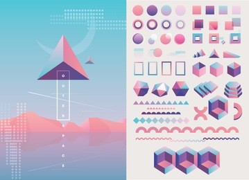 large collection of trendy holographic, geometric, colorful abstract shapes and decorative lines in pink, purple and blue color hues