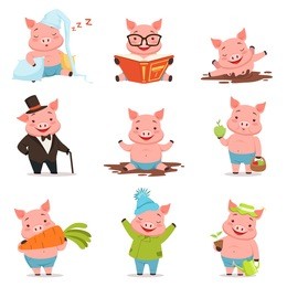 funny little pigs in different situations set. colorful cartoon characters vector illustrations