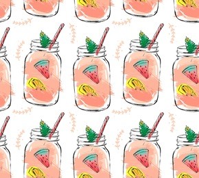 hand drawn vector abstract summer time organic fresh fruits seamless pattern with cocktail in glass bottle jar,watermelon,lemon slice and mint leaves in rose pink colors isolated on white background.