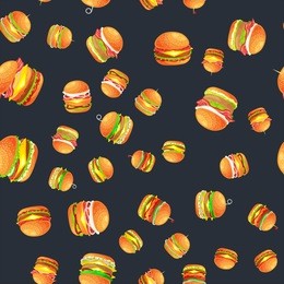 seamless pattern tasty burger grilled beef and fresh vegetables dressed with sauce bun for snack, american hamburger fast food vector illustration background
