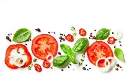 fresh vegetables, herbs and spices isolated on white background