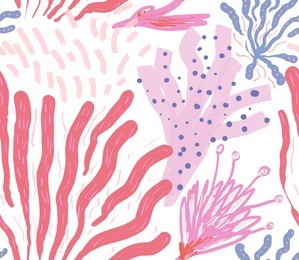 colored with different brush strokes textures and dots floral underwater seaweed and corals.abstract seamless pattern.had drawn ink and marker watercolor texture.