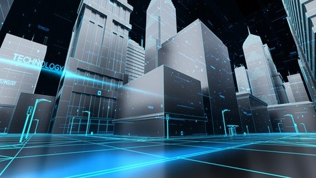 abstract 3d city rendering with lines and digital elements. digital skyscrappers with wire texture. technology and connection concept. perspective architecture background with wireframe skyscrapers.