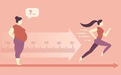 vector flat illustration. women grows thin. fat woman thinks how to lose weight. slimming. a young girl is running. sport. overweight. pastel pink colors.
