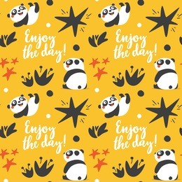 cute animal panda seamless pattern with enjoy the day, star, heart, fun, yellow