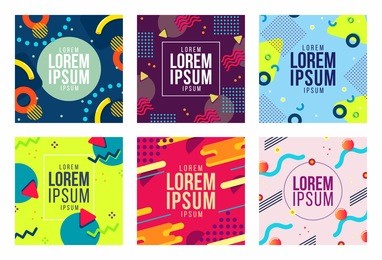 memphis style cards design collection of colorful templates with geometric shapes, patterns with trendy memphis fashion 80's-90's. ideal for ad, invitation, presentation isolated vector illustration
