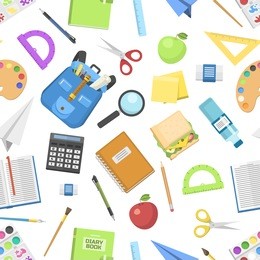 school bag backpack full of supplies children stationary zipper educational sack vector illustration seamless pattern background