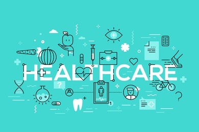 healthcare, medicine, medical service, healthy lifestyle and nutrition concept. unique infographic banner with modern lettering and elements in thin line style. vector illustration for header, poster.