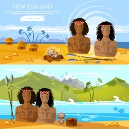 new zealand banners. people of maori, tradition and culture new zealand. mountains and beach landscape, natives. village of aboriginals maori of new zealand
