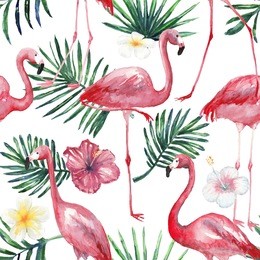 watercolor tropical flowers, palm leaves and flamingo seamless pattern