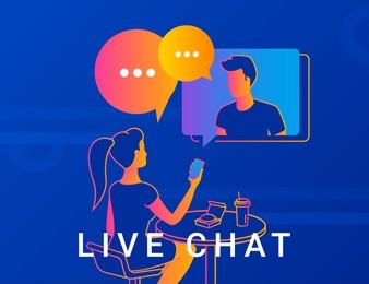 live chat concept vector illustration of young woman sitting in cafe and having video conversation with her friend. two people talking with gradient speech bubbles 