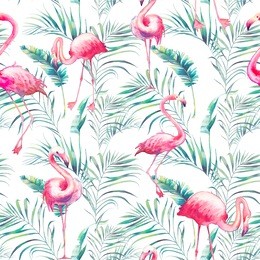 watercolor flamingo and tropical leaves seamless pattern. hand painted texture with bright exotic birds and palm tree greenery on white background. fashion wallpaper design 