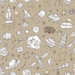 space seamless with space rocket, satellite, planet, asteroid, spaceship, star, telescope, constellation, comet. hand drawn vector doodles illustration