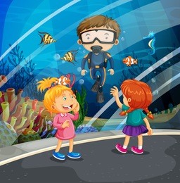 girls looking at fish and diver in the aquarium illustration