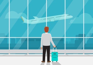 businessman with luggage in airport looking at airplane in the sky. business transportation or missed the flight concept.