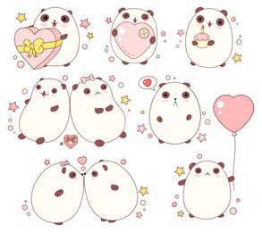 vector collection of cute valentine pandas with different emotions in kawaii style. eps8