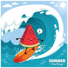 vintage surfing poster design with vector watermelon surfer. 