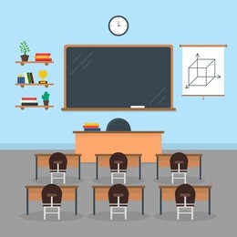 cartoon interior classroom school or university with furniture concept of knowledge flat style design elements. vector illustration