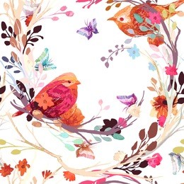 vintage seamless pattern: bird, butterfly and flower, leaf, branch, isolated on background. imitation of embroidery, watercolor. hand drawn vector illustration, separated editable elements.