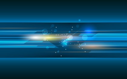 vector abstract, science, futuristic, energy technology concept. digital image of light rays, stripes lines with blue light, speed and motion blur over dark blue background