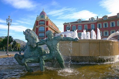 fountain in plaza massena square, nice, france