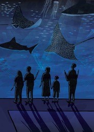 people in oceanarium.  couples, people with children watching  fish, sharks, marine animals. hand drawn colorful illustration. 