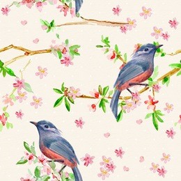 vintage seamless texture with pretty birds on flowering twigs. watercolor painting