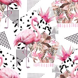 tropical seamless pattern with watercolor flowers, bird - flamingo and textured shape. abstract pink floral background with grunge texture. geometric and hand drawn exotic illustration. 