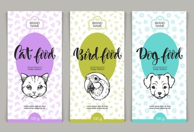 vector set of templates packaging pets food, label, banner, poster, identity, branding. color background with sketch hand drawn illustration - cat, dig, bird. stylish design

