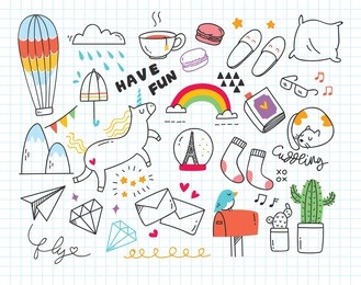 set of colorful doodle on paper background