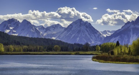 scenic abstract of lake, valley forest, snowy mountains and bright clouds late in the afternoon in spring, grand teton national park, wyoming, usa, with digital painting effect