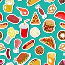 food ornament. feed pattern. meat background. pizza and taco. french fries and hamburger. hotdog and cookies. baked turkey and watermelon. pork and cake. donuts and dumplings