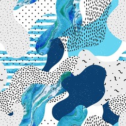 abstract curve shape background with doodle, minimalistic elements. smooth bend shape filled with watercolor marbling, striped texture seamless pattern. hand painted water color illustration