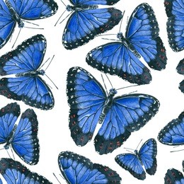 blue morpho butterflies pattern design on white background. watercolor painting.
